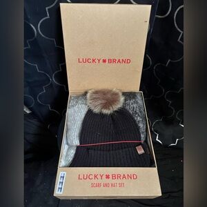 Lucky Brand Black Beanie with Faux Fur Pom and plaid scarf set